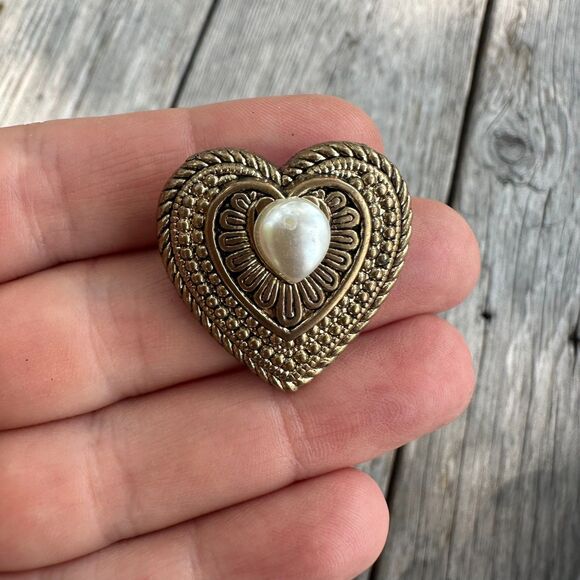 Vintage Jewelry Heart Brooch with Faux Pearl Victorian Heart Pin - Picture 1 of 2
